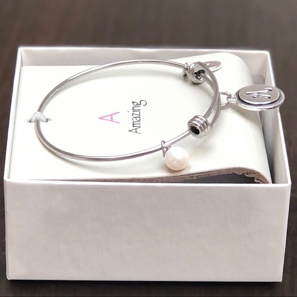 A Amazing / Initial Pearl Silver Adjustable Charm Bangle by Unwritten - Picture 4 of 13